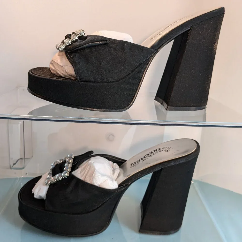 Vintage Chunky Heel Shimmer Black Platform Skechers Rhinestone Buckle Heels - Picture 9 of 16